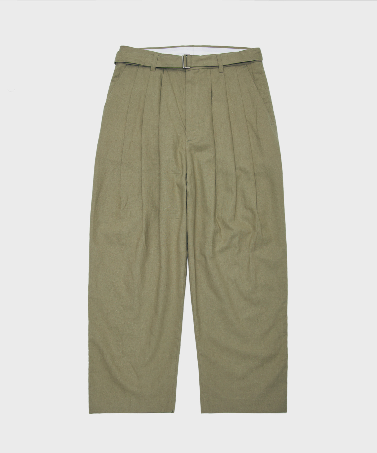 Belted linen three-tuck pants_Light Khaki