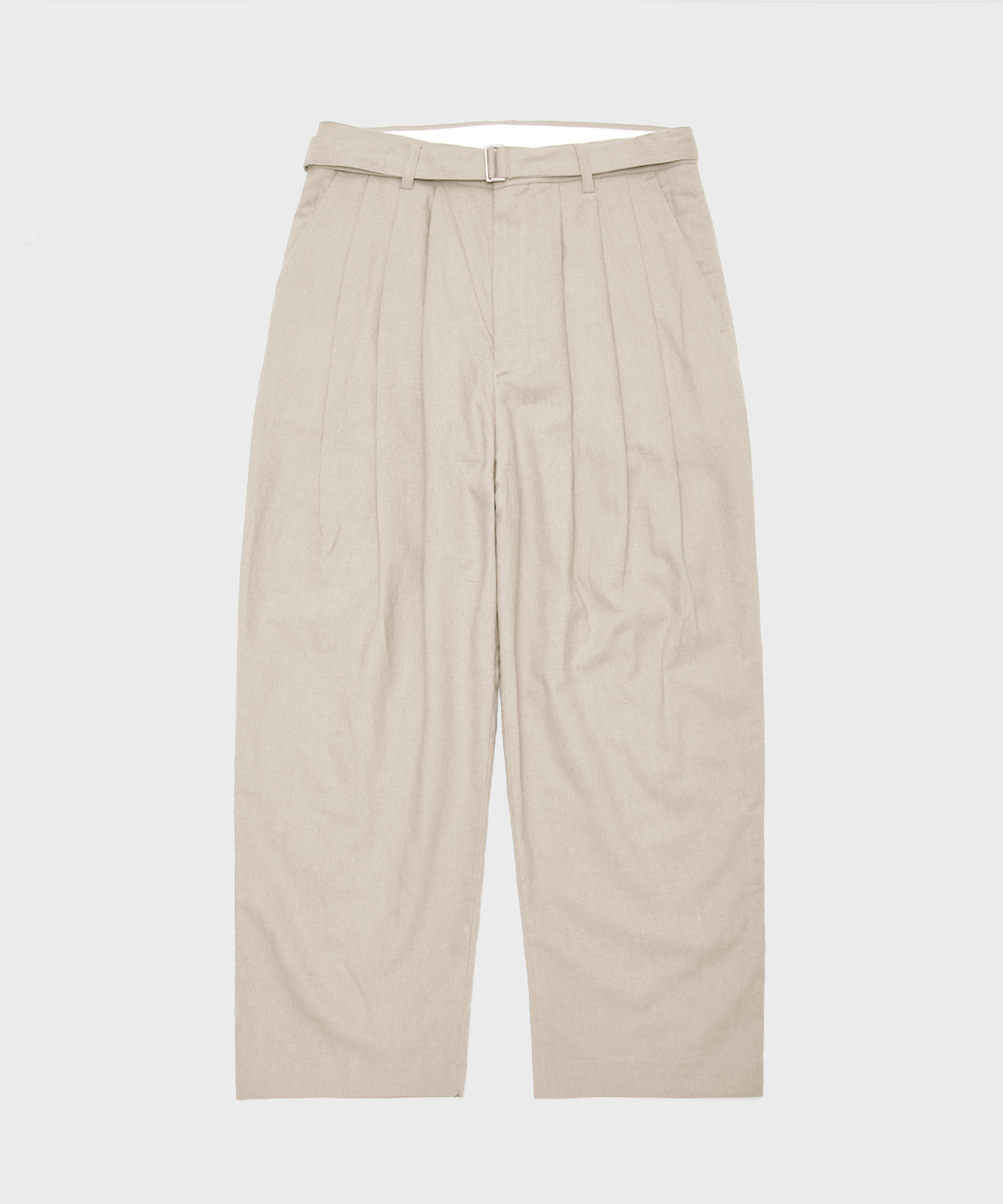 Belted linen three-tuck pants_Natural